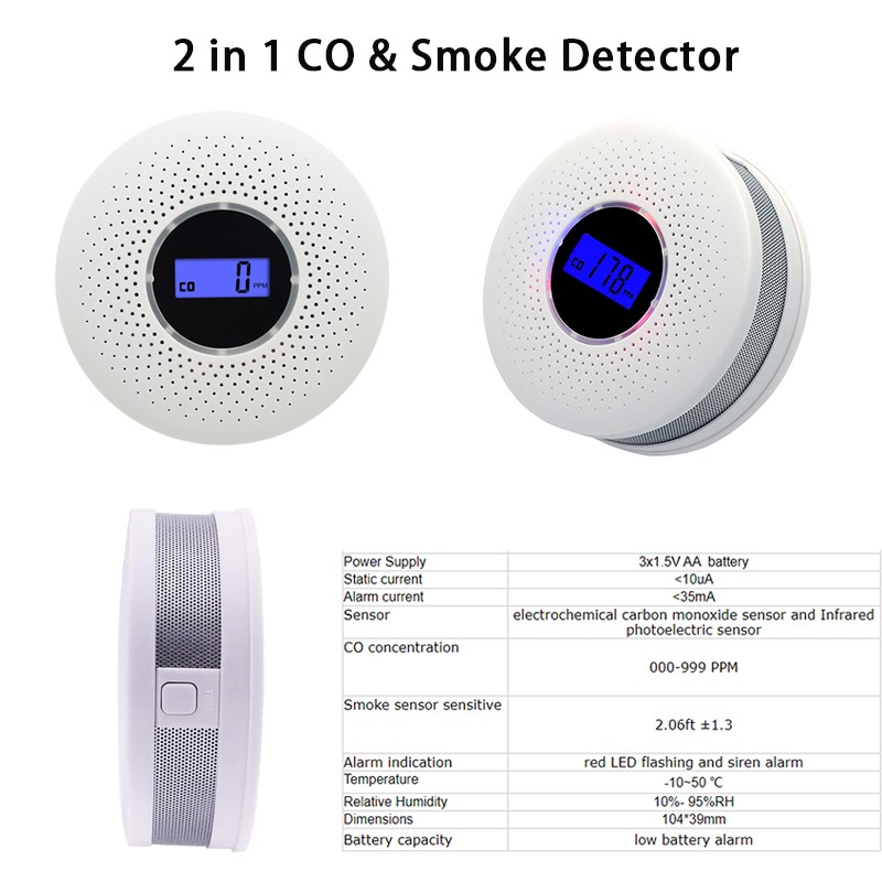 2 in 1 Wireless Carbon Monoxide Smoke Sensors Co Toxic Gas Leak Detector 85dB Built In Voice Promp Digital Color LCD Display