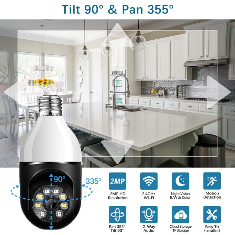 E27 200W Bulb Surveillance Camera Night Vision Full Color Automatic Human Tracking Zoom Indoor WiFi Security Screen Camera