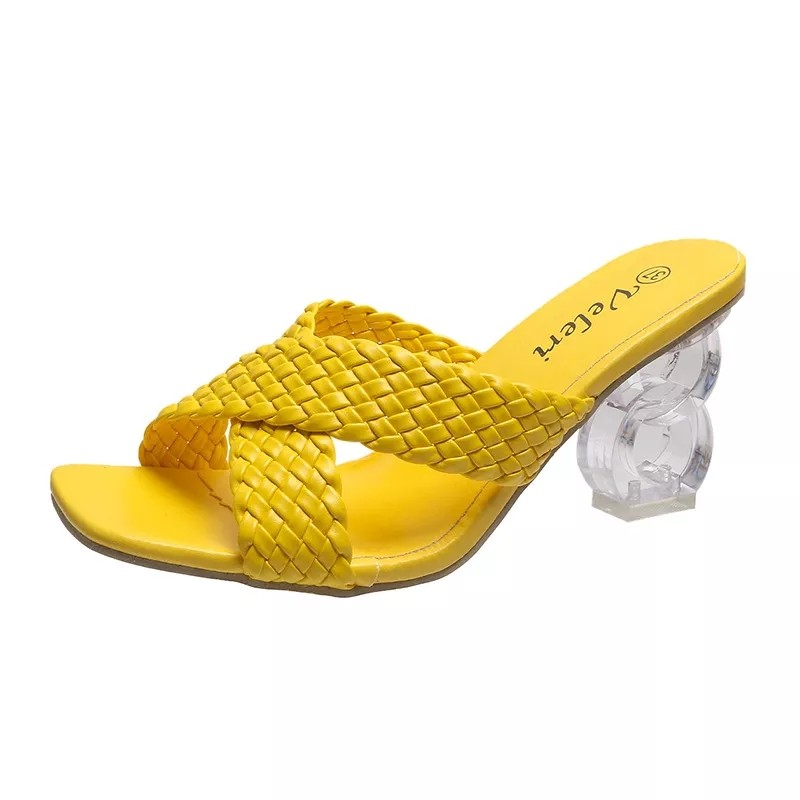 2022 summer new woven high heel crystal square toe fashion ladies sandals beach slippers casual women's shoes