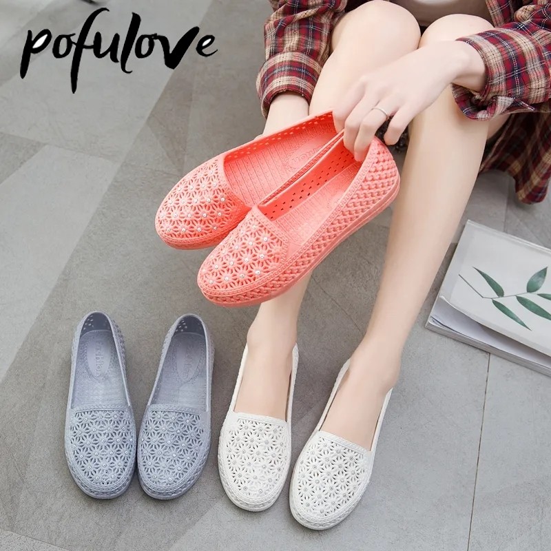 Pofulove Flats Shoes Women Hollow Out Slip On Casual Nursing Shoes Summer Loafers Female Sandals Shallow Beach Breathable Zapatos