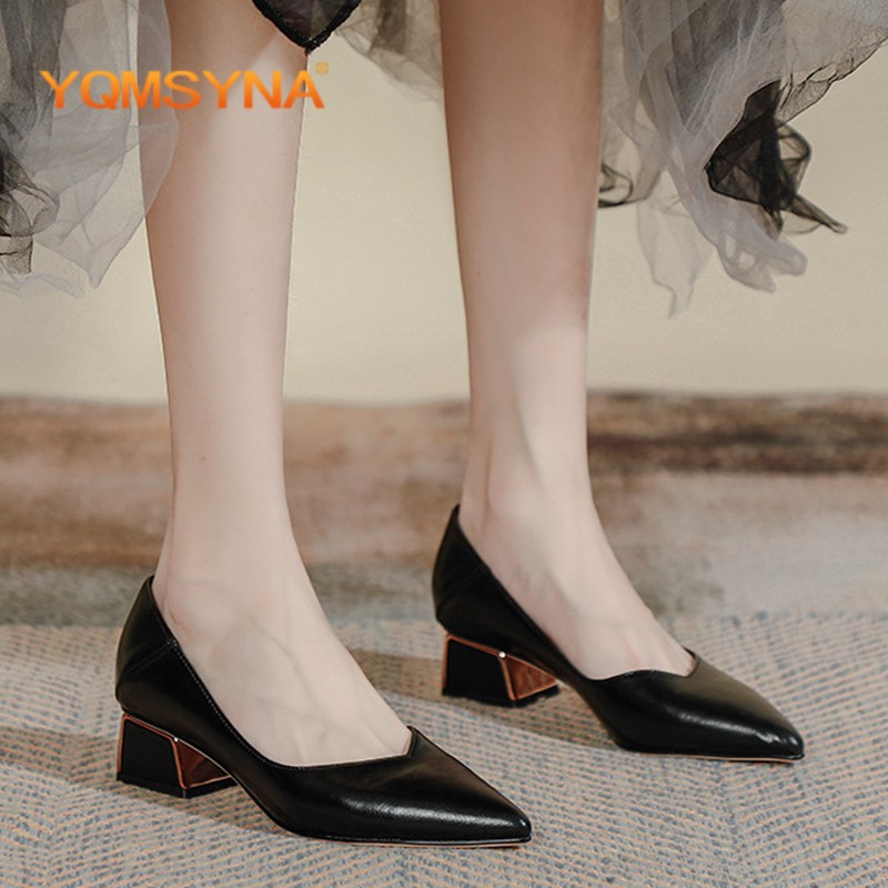 YQMSYNA Women Shoes Casual Pumps Fashion Pointed Toe Metal Beading Square Heel Pumps Street Style Slip On High Heel Shoes W39