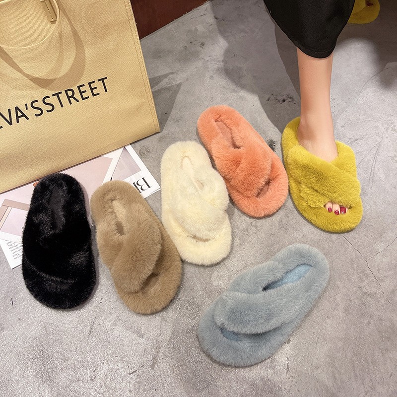 Furry Slippers Fur Slides For Women Faux Fur Sliders Out Keep Warm Shoes Woman Strap Shoes Female Casual Flat Home Shoes