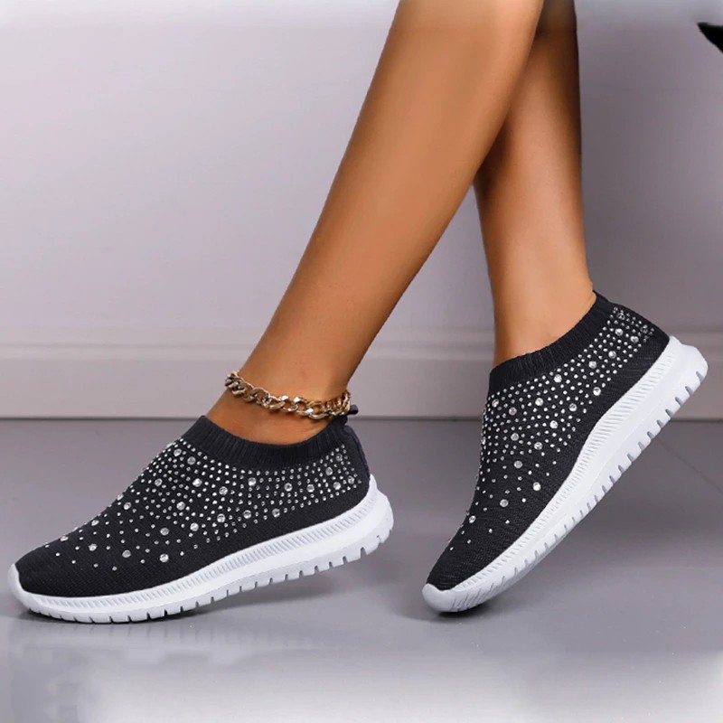 Rimocy Shining Crystal Flats Women Spring Breathable Knit Platform Sneakers Woman Comfortable Soft Bottom Non-slip Sneakers