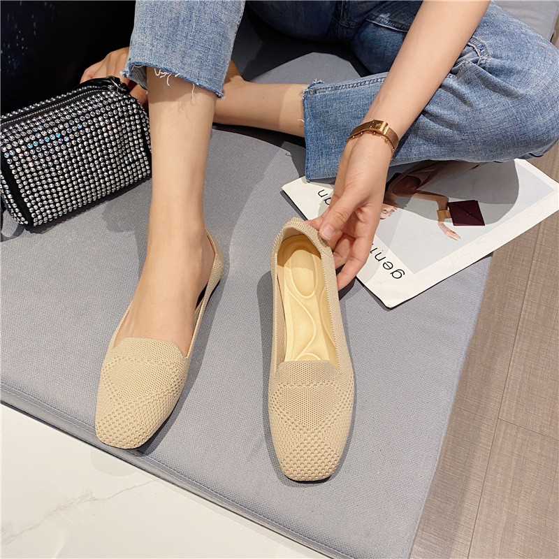 2021 Women Flat Knitted Square Toe Colorblock Soft Ladies Zapatos De Sport Zapatillas Mujer Ballet Breathable Moccasins