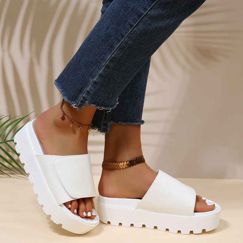 Rimocy Black PU Leather Platform Slippers Women Plus Size 43 Thick Soled Sandals Woman 2022 Summer Non-slip Slides Female Shoes