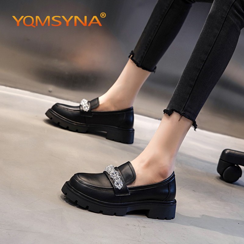 YQMSYNA Loafers Women Luxury Comfortable Thick Bottom Square Heel Round Toe Lady Shoes Fashion Appliques Party Pumps W02