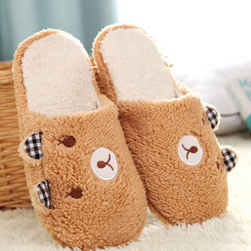 Women Plush Short Winter Slippers Cotton Bear Flat Shoes Home Bedroom Home Soft Velvet