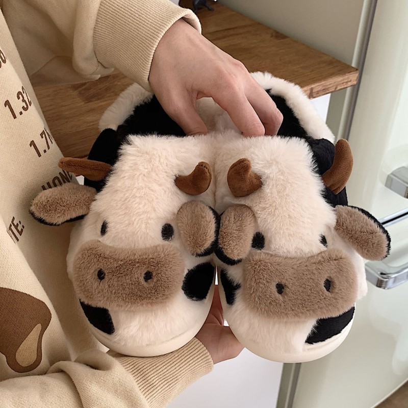 Women Winter Cute Animal Slippers Fashion Kawaii Fluffy Winter Warm Slippers Female Cartoon Milk Cow Indoor Slippers Funny Shoes