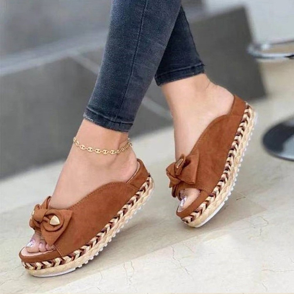 Women Bowknot Slippers Braided Straps Outdoor Sandals Thick Bottom Casual Open Toe Flat Shoes Female Straw Woven Soft Slippers