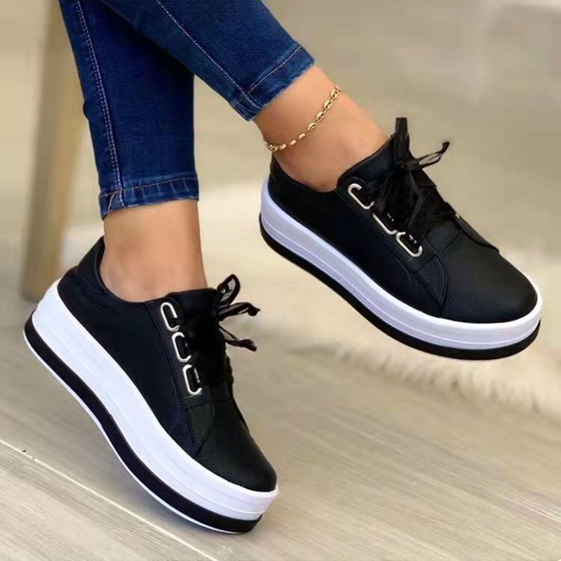 Rimocy Shiny PU Leather Thick Bottom Sneakers Woman Plus Size 43 Lace Up Platform Shoes Women Gold Silver Flats Zapatos De Mujer