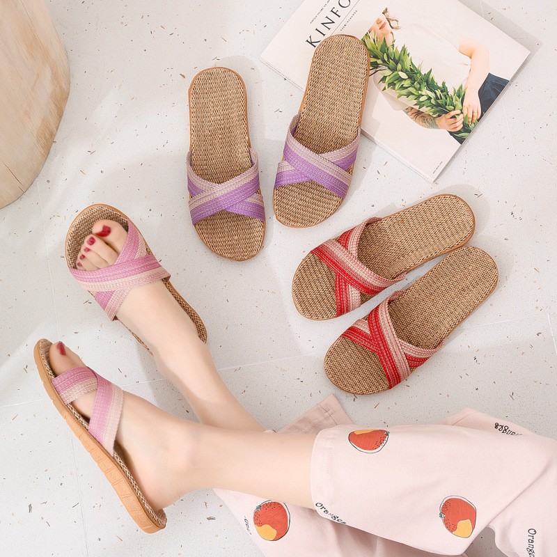 Women Linen Home Slippers Summer Casual Slides Beach Shoes Ladies Indoor Linen Slippers Bohemia Striped Flip Flops Sandals