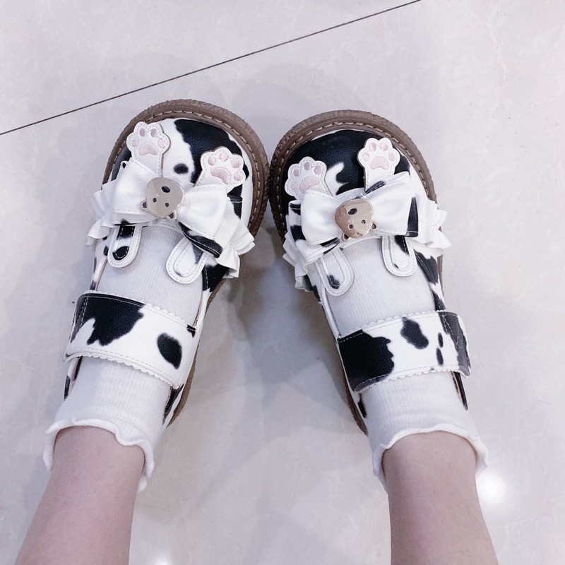 Kawaii Cow Print Girls Mary Janes 2022 Japanese Style Patchwork PU Bow Lolita Spring Shoes Black White Lace Zapatillas Mujer