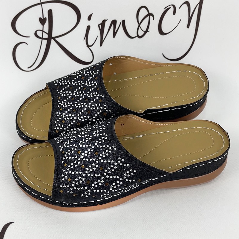 Rimocy Gold Silver Rhinestone Platform Slippers Women 2022 Summer Open Toe Beach Sandals Woman Lightweight Comfortable Slides