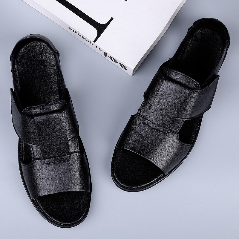 Summer Men's Genuine Leather Sandals New Design Fashion Casual Black Slip On Leather Sandals Man Sandals Men Flats