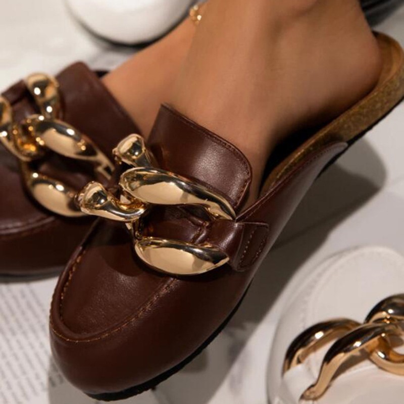 Metal Chain Lazy Loafers Big Round Toe Women Slippers Sandals 2021 Summer Fashion Thick-soled Pumps Office Women Mules Shoes