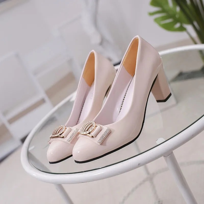 Pofulove Women Heels Ladies Office Work Shoes Woman Formal Leather Shoes Square Heel Round Toe Slip On Black High Heels