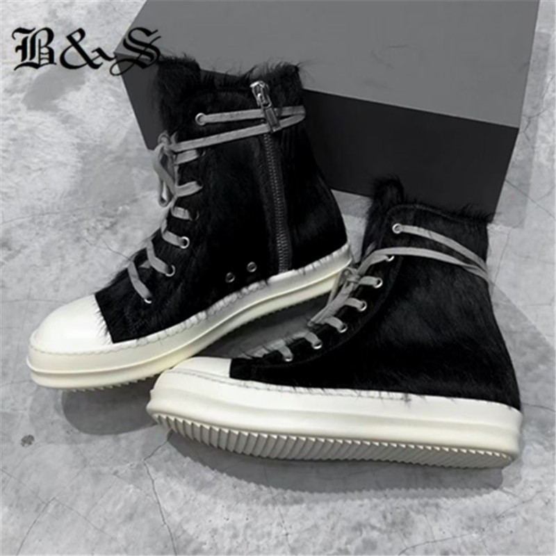 High quality black fur street leather custom PU lace-up boots