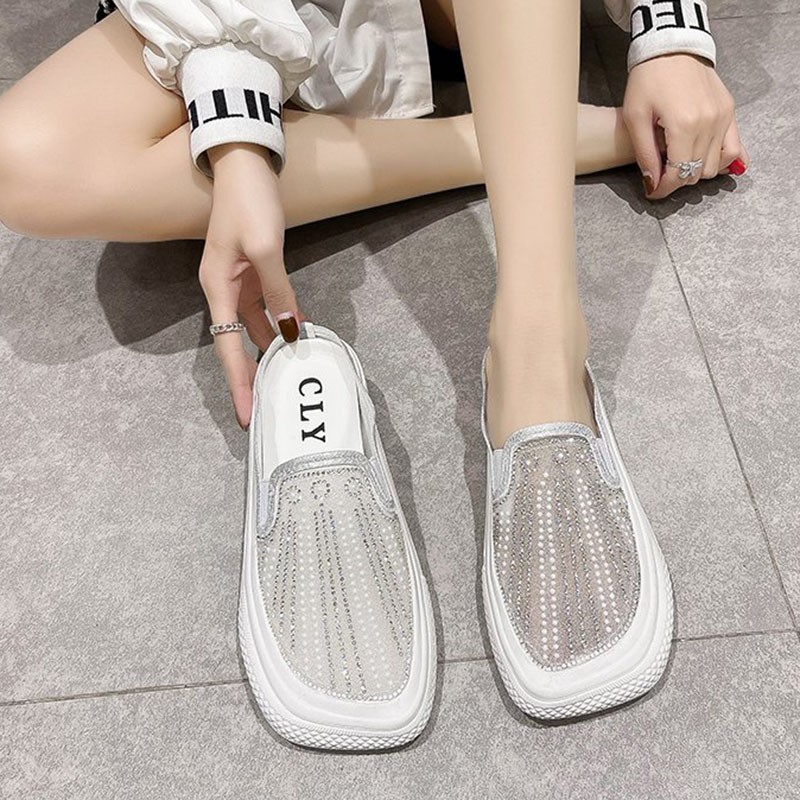 Rimocy Crystal Breathable Mesh Mules Shoes Women Summer Comfort Soft Bottom Platform Shoes Woman Square Toe Non-slip Beach Shoe