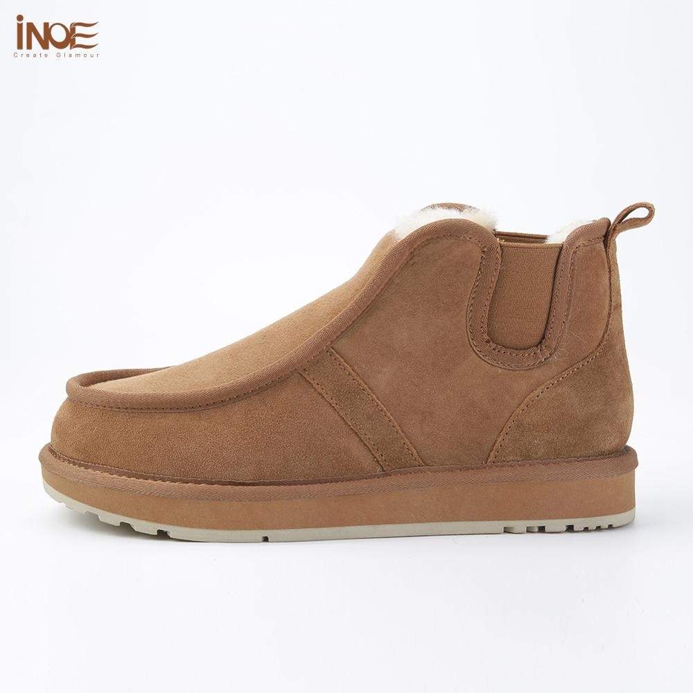 INOE Real Sheepskin Suede Men Sheep Wool Fur Lined Winter Short Ankle Snow Boots With Zipper Keep Warm Waterproof Boots