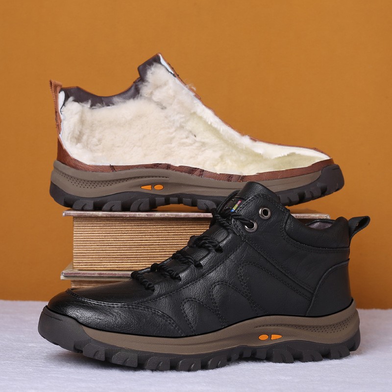 Ytween men leather boots wool fur thick composite sole winter shoes men cowhide designer outdoor ankle boots for man