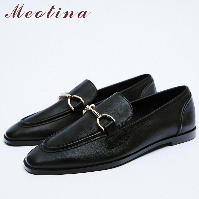 Meotina INS ZA Women Loafers Shoes Genuine Leather Flat Shoes Round Toe Metal Beading Women's Shoes Spring Autumn Brown 43