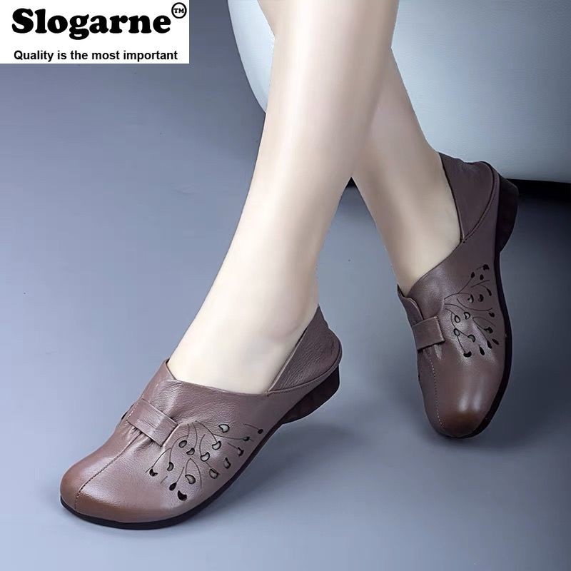 Women's spring summer new single shoes retro soft sole woman shallow flats hollow leather shoes plus size wedges low heels