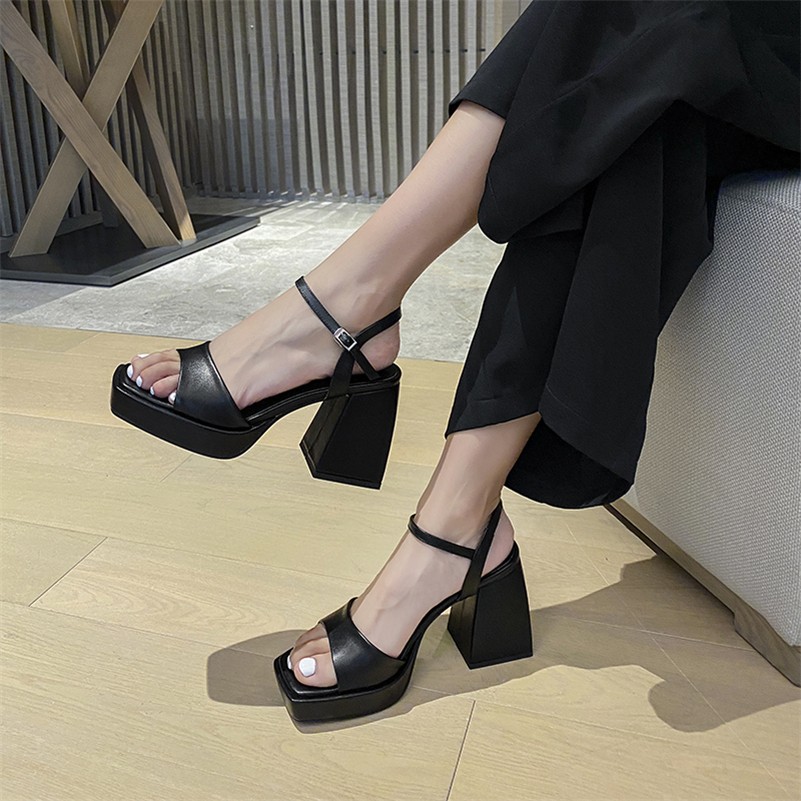 Meotina Women Genuine Leather Shoes Super High Heel Platform Sandals Buckle Thick Heel Square Toe Ladies Sandals Summer Black