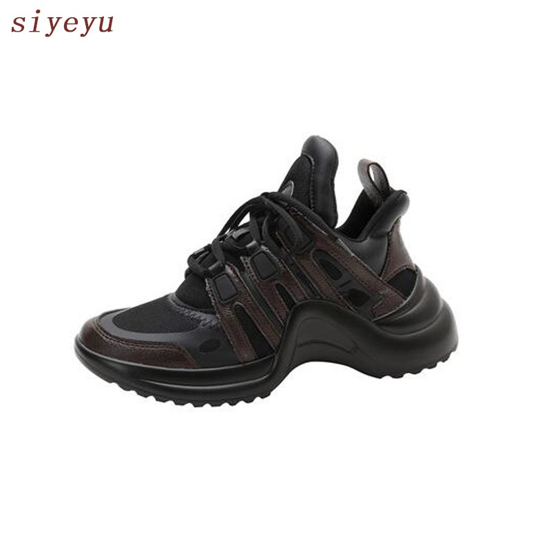 siyeyu 2020 Fashion Mesh Leather Print Sneakers High Board Sneakers Fashion Luxury Women Shoes Brown White Black