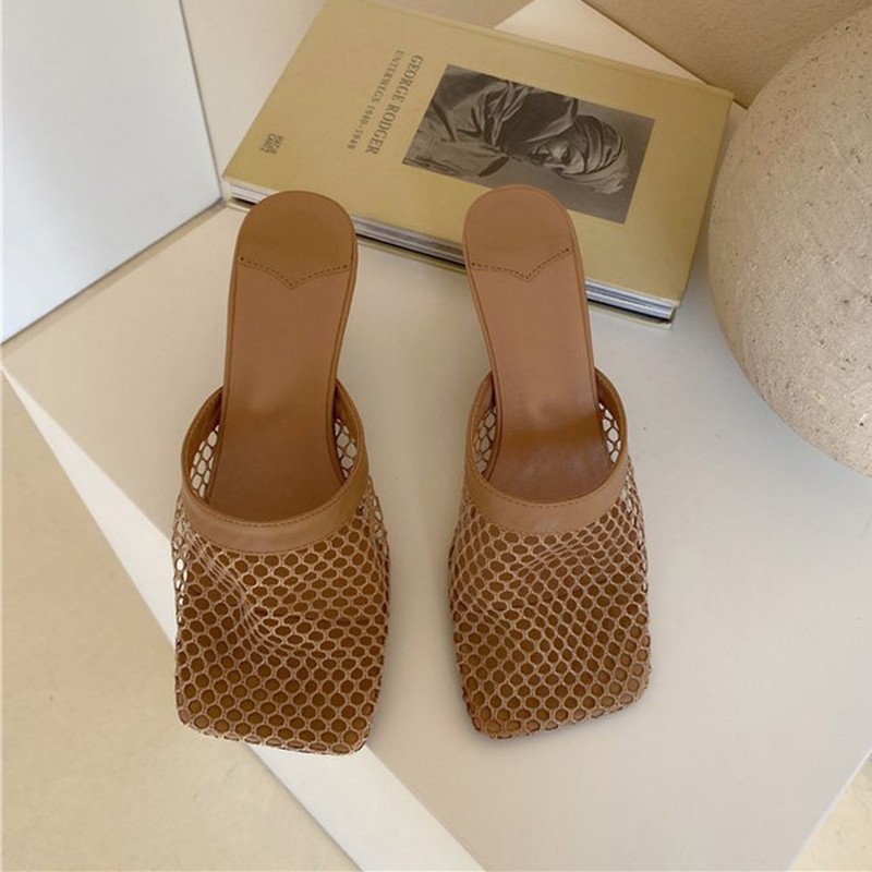 Sexy Hollow Mesh Heels Women Square Head Stiletto New Pumps Sandals Slippers Breathable Plain Banquet Dress Muller Women Shoes