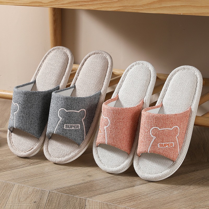 Women Indoor Linen Slippers Floor Couple Bedroom Shoes Ladies Summer Cute Cartoon Open Toes Non-slip Flip Flops Zapatillas Mujer