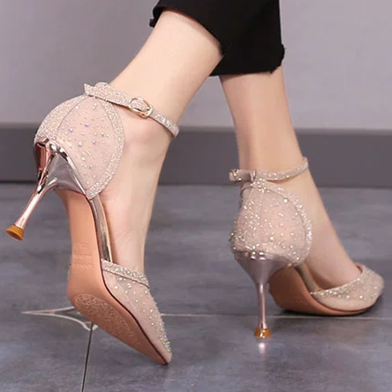 Lucifer Sexy Black Mesh High Heels Women Shoes Summer 2022 Pointed Toe Crystal Pumps Woman Shiny Ankle Strap Party Ladies Shoes