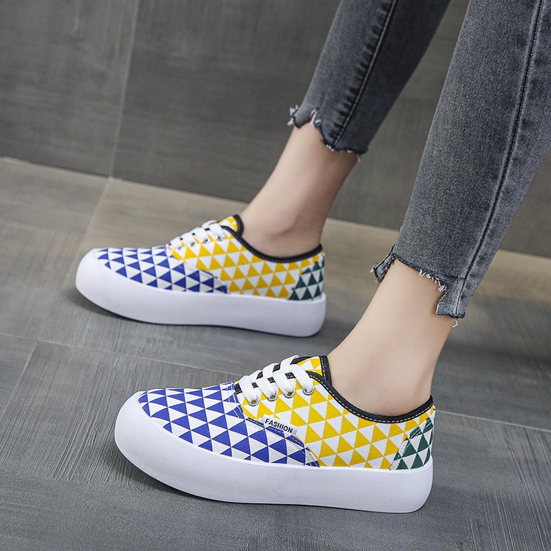 Spring New Color Matching Plaid Design Fashion Shallow Mouth Breathable Outdoor Casual Rubber Platform Non-slip Canvas Shoes