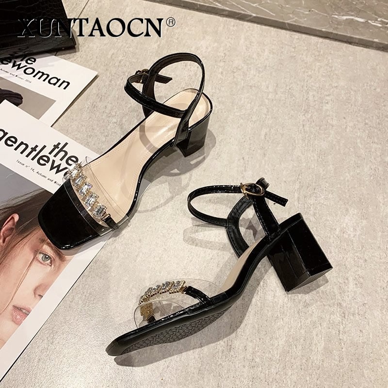 2022 Fashion Summer Thick Heels Sandals Women Ankle Strap Square Toe Sandals Crystal Women Sandals Zapatos De Mujer