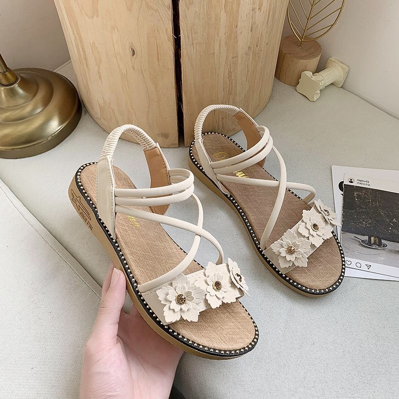 2021 summer ladies pink suede rhinestone flower elastic band platform sandals women ankle strap peep toe flat shoes size 35-39