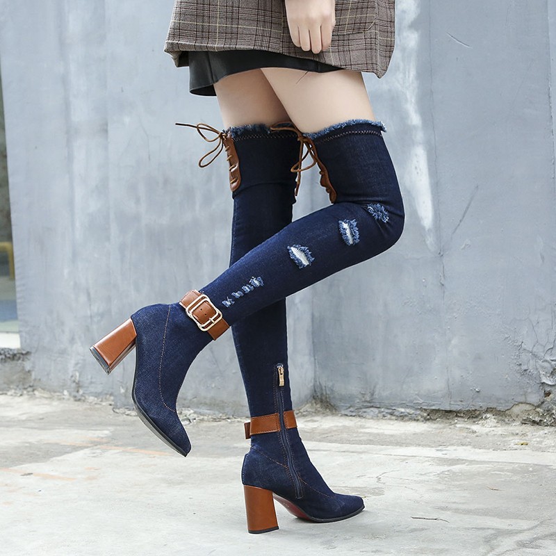 Rimocy Women Sexy Skinny Denim Boots Spring 2021 Wedge High Heel Women Boots Casola Cowboy Over The Knee Boots Botas Mujer