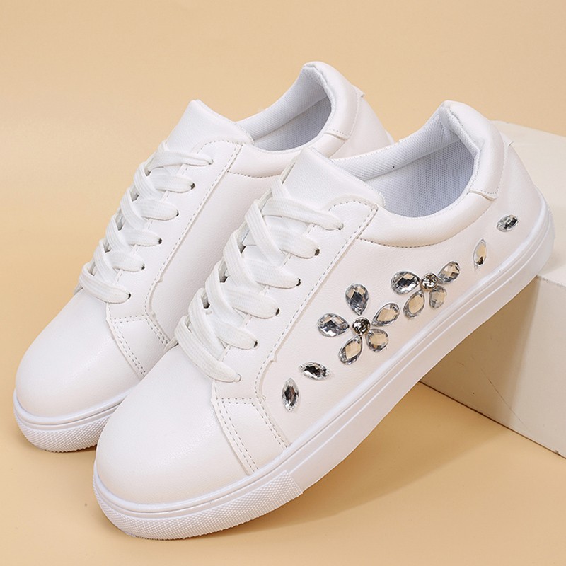 Lucyever Rhinestone White Sneakers Women Spring Summer Comfortable Lace Up Flats Woman Casual Platform Shoes Female Plus Size 42