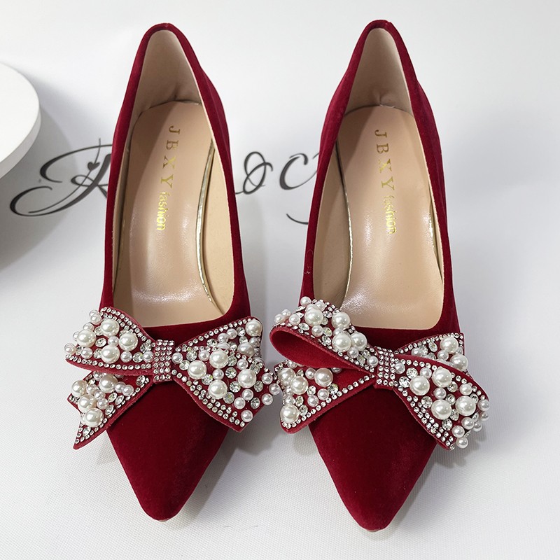 Rimocy Sexy Red Velvet Wedding Shoes for Women 2022 Luxury Pearl Bowknot Pointed Toe Pumps Woman Stiletto High Heel Dress