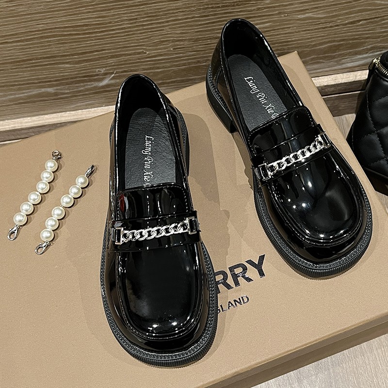 Lucifer Pearl Chain Platform Loafers Women 2022 Round Toe Slip On Pu Leather Shoes Woman Black Med Heels Student Shoes Female