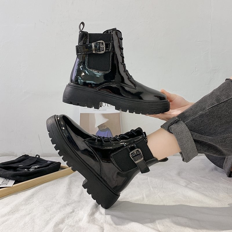 Rimocy Fashion Black Platform Women's Boots Autumn Winter 2021 PU Leather Chunky Ankle Boots Woman Waterproof Motorcycle Boots