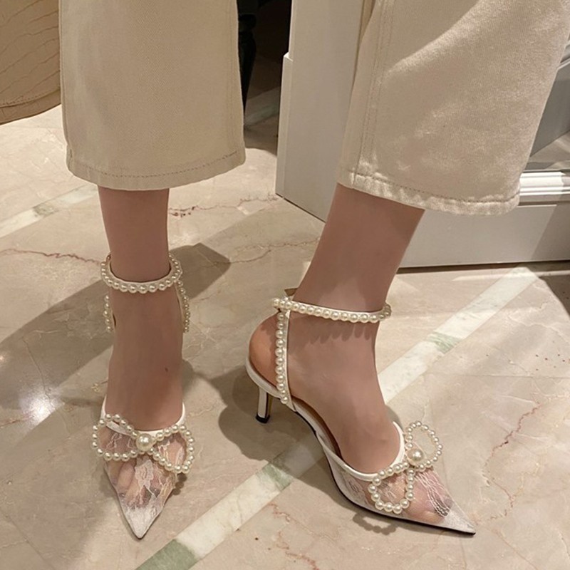 Rimocy Sexy White Lace Ankle Strap Pumps Women Pointed Toe Pearl Bowknot Wedding Shoes Woman 2022 Summer Thin High Heels Sandals