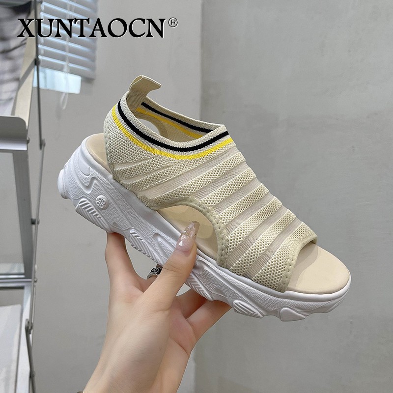 Women's sandals peep toe hollow air mesh thick bottom solid wedges female summer shoes causal fashion slip on women's shoes