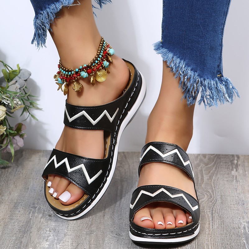 Rimocy Summer Outdoor Platform Beach Slippers Women PU Leather Striped Wedges Sandals Woman Fashion Thick Sole Non-slip Slides