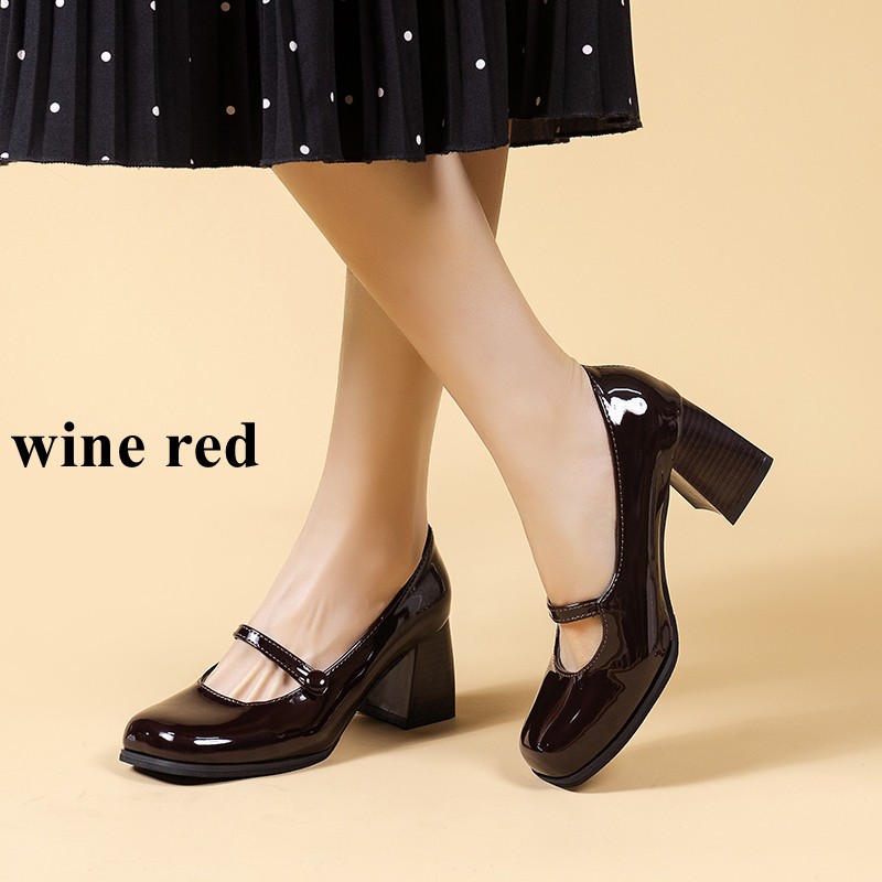 Lucifer Office Ankle Strap Mary Janes Women 2022 Spring New Fashion Square Toe Pumps Woman Black Wine Red Non-slip Casual Shoes