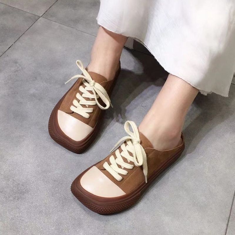 Half slippers women 2021 spring and summer new cool slippers contrast color retro handmade square lace up soft-soled shoes