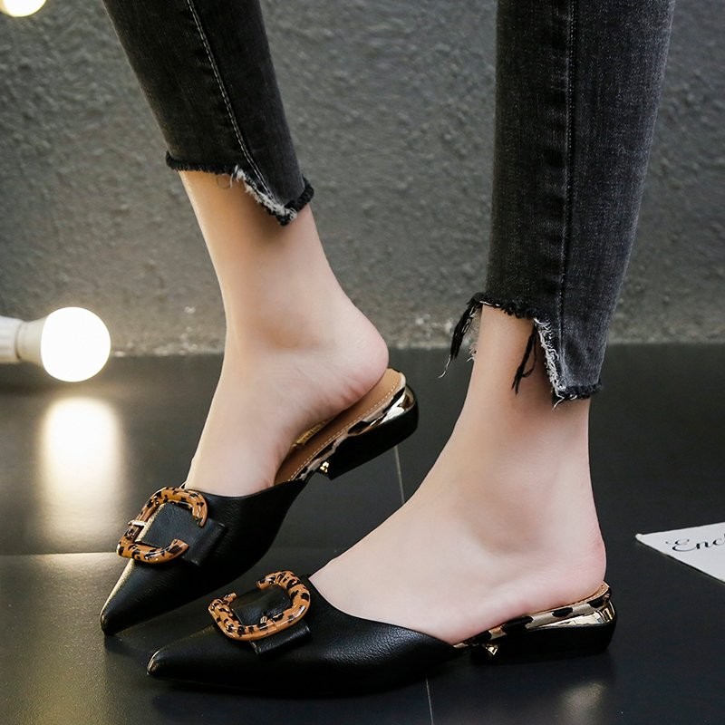 Fashion Women's Flat Shoes Pointed Toe Buckle Square Thick Heel Mules