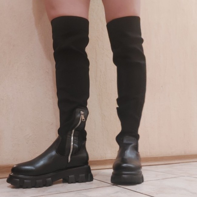 Autumn Winter Platform Leather Over-the-Knee Boots Women Plus Size Stretch Boots Punk Boots Sexy Black High Boots Breathable