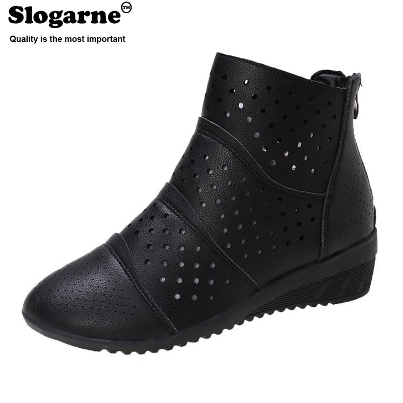 Women's hollow ankle boots female spring shoes 4.5cm medium heel wedges soft leather invisible height increasing short boots