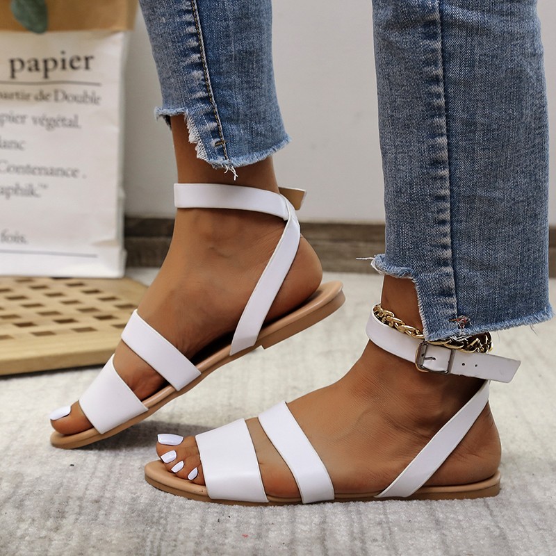 Rimocy Plus Size Ankle Strap Flat Sandals Women Summer Black PU Leather Beach Shoes Woman Comfortable Soft Sole Casual Sandalias