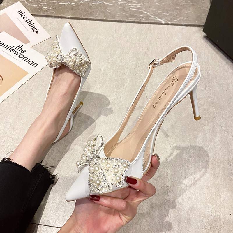 Rimocy Women's High Heels Pearls Shoes 2022 Spring Summer Thin High Heels Women Shoes Crystal Pointed Toe Wedding Shoes