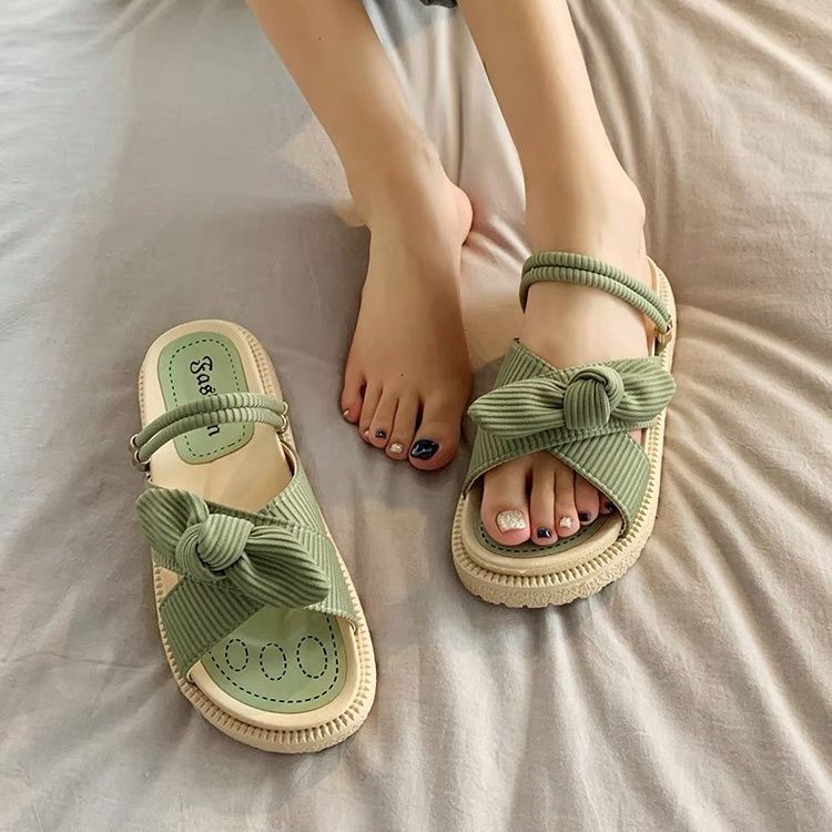 2021 new lady sandals summer fairy style fashion student thick-soled roman flat shoes indoor slippers slides butterfly knot